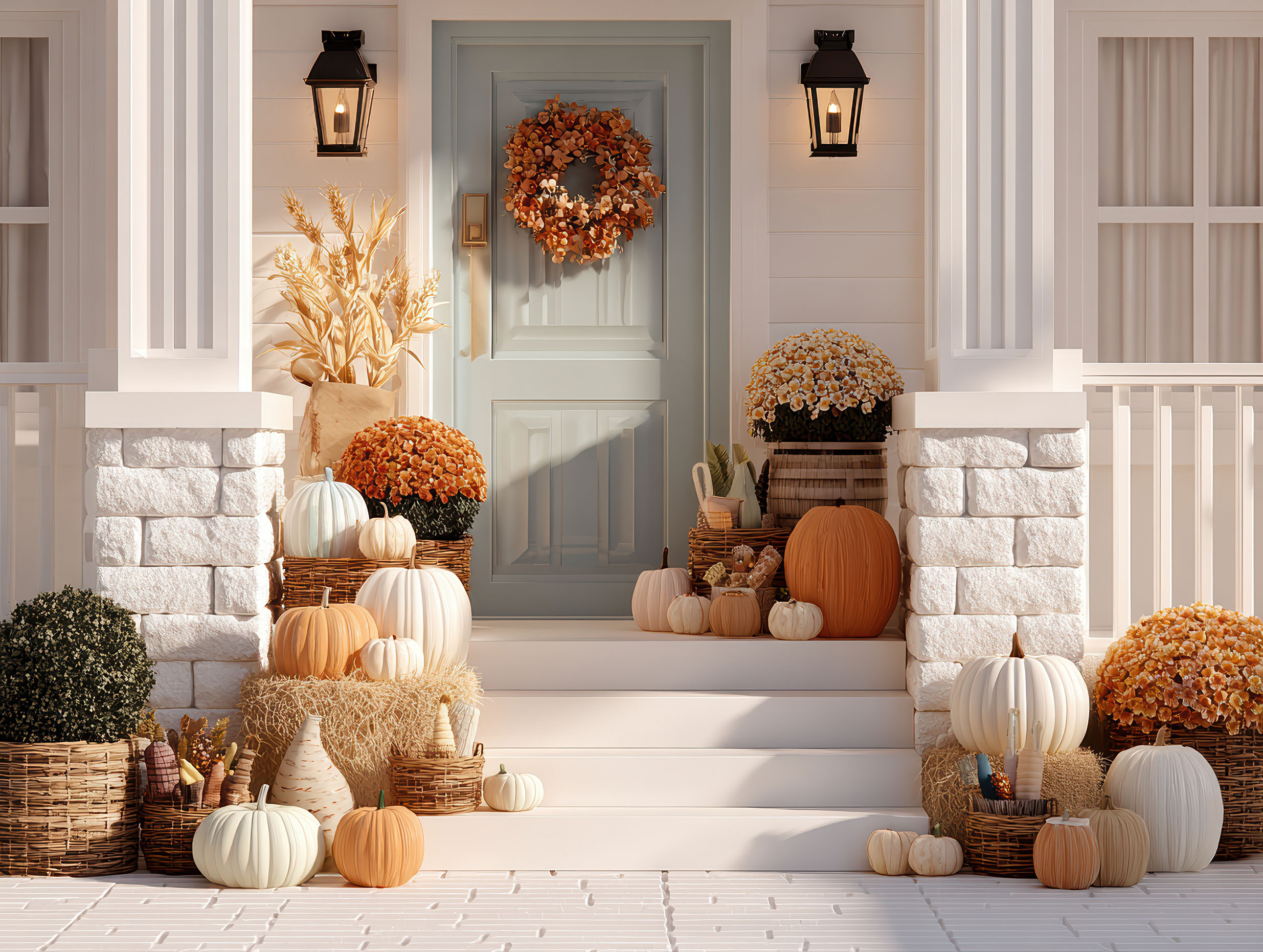 A front porch decorated for autumnHalloween with a large wooden door, pumpkins, gourds, and decorative items on gray tile flooring The scene is illuminated by natural daylight - AI-Generated